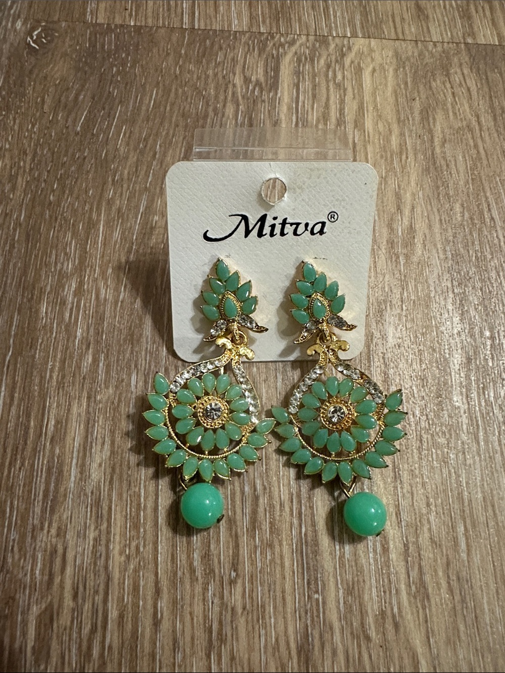 Mint Green with Gold-Tones Floral Drop Earrings